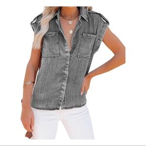 Distressed grey denim sleeveless shirt NWT